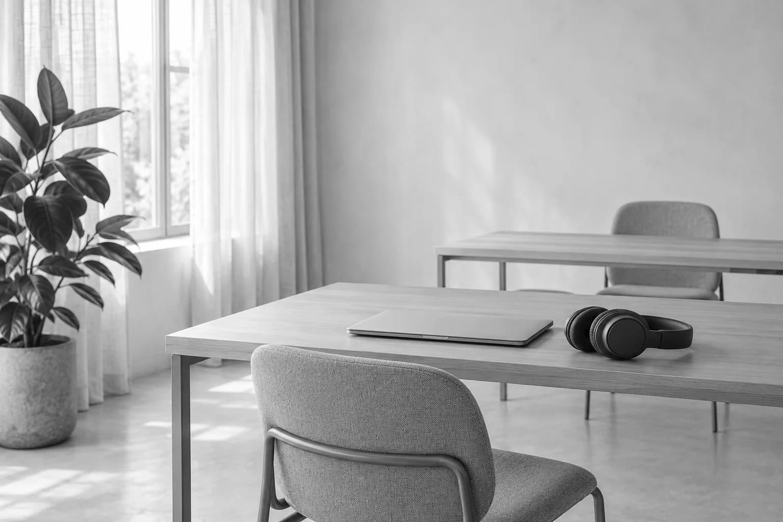 Deux bureaux clairs avec un casque et un ordinateur fermé dans un espace de travail vide.