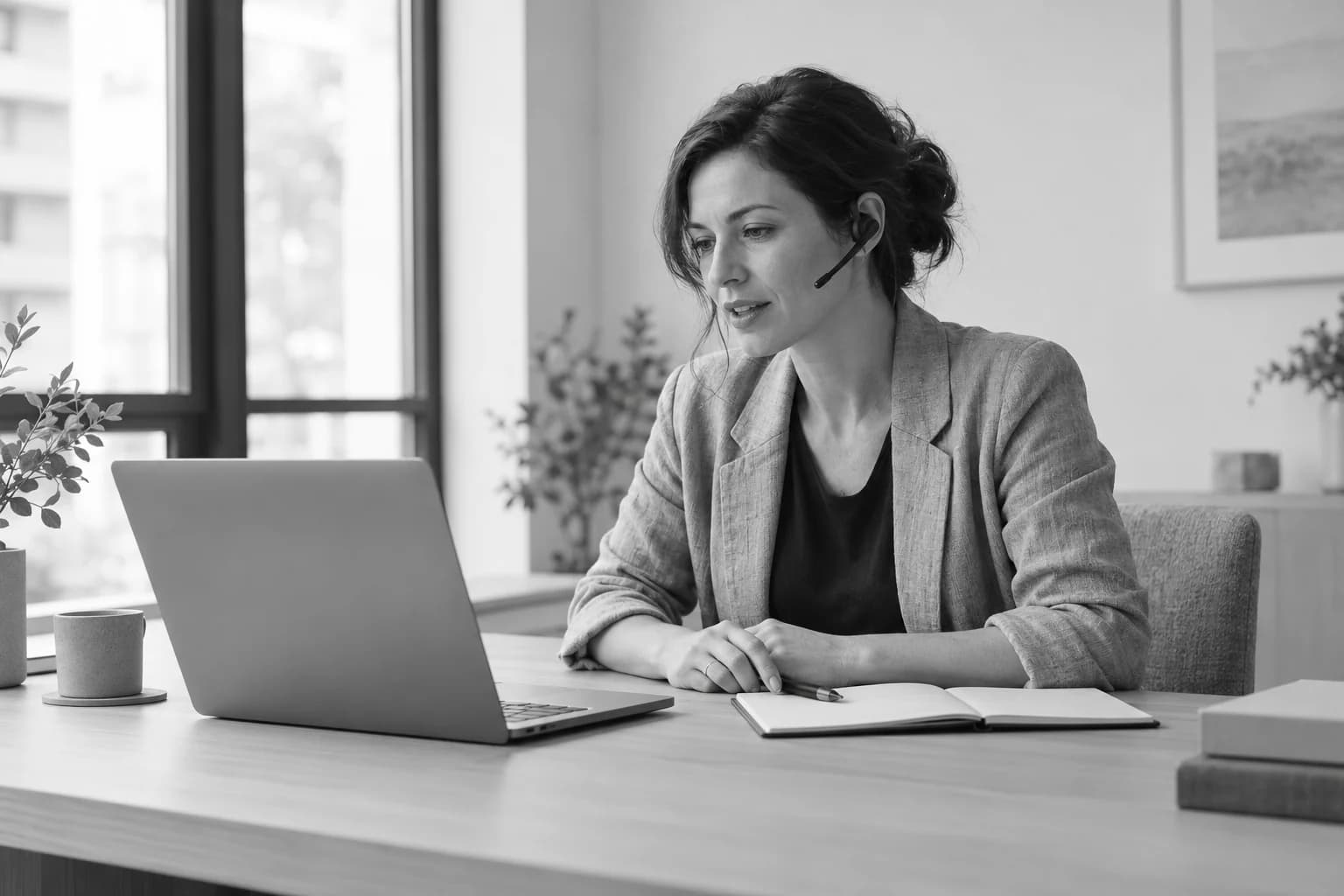 Scène d’illustration : une professionnelle s’entraîne à un appel, casque sur les oreilles, dans un bureau lumineux.