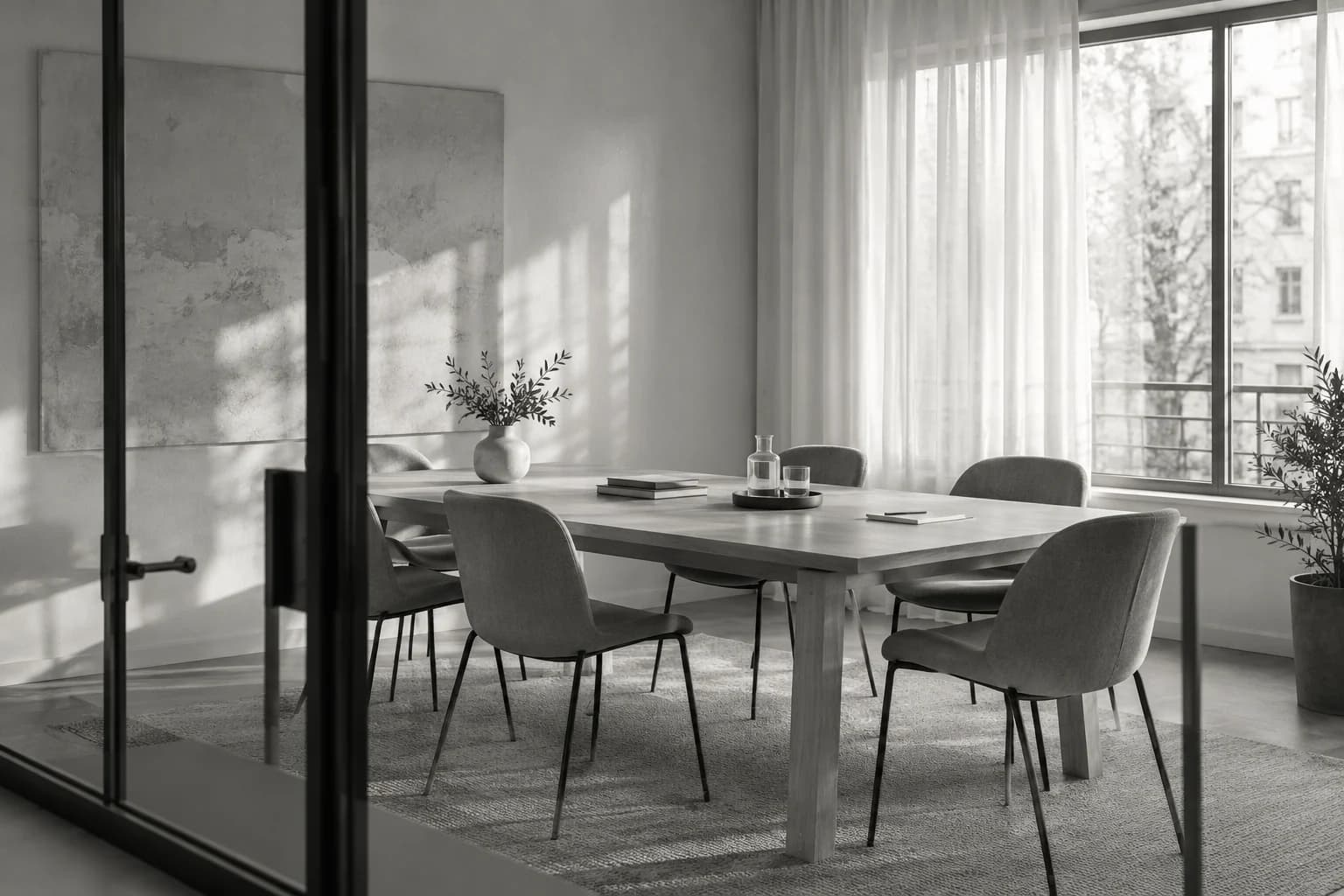 Salle de réunion lumineuse, table en bois et verrière, photographiées en noir et blanc.