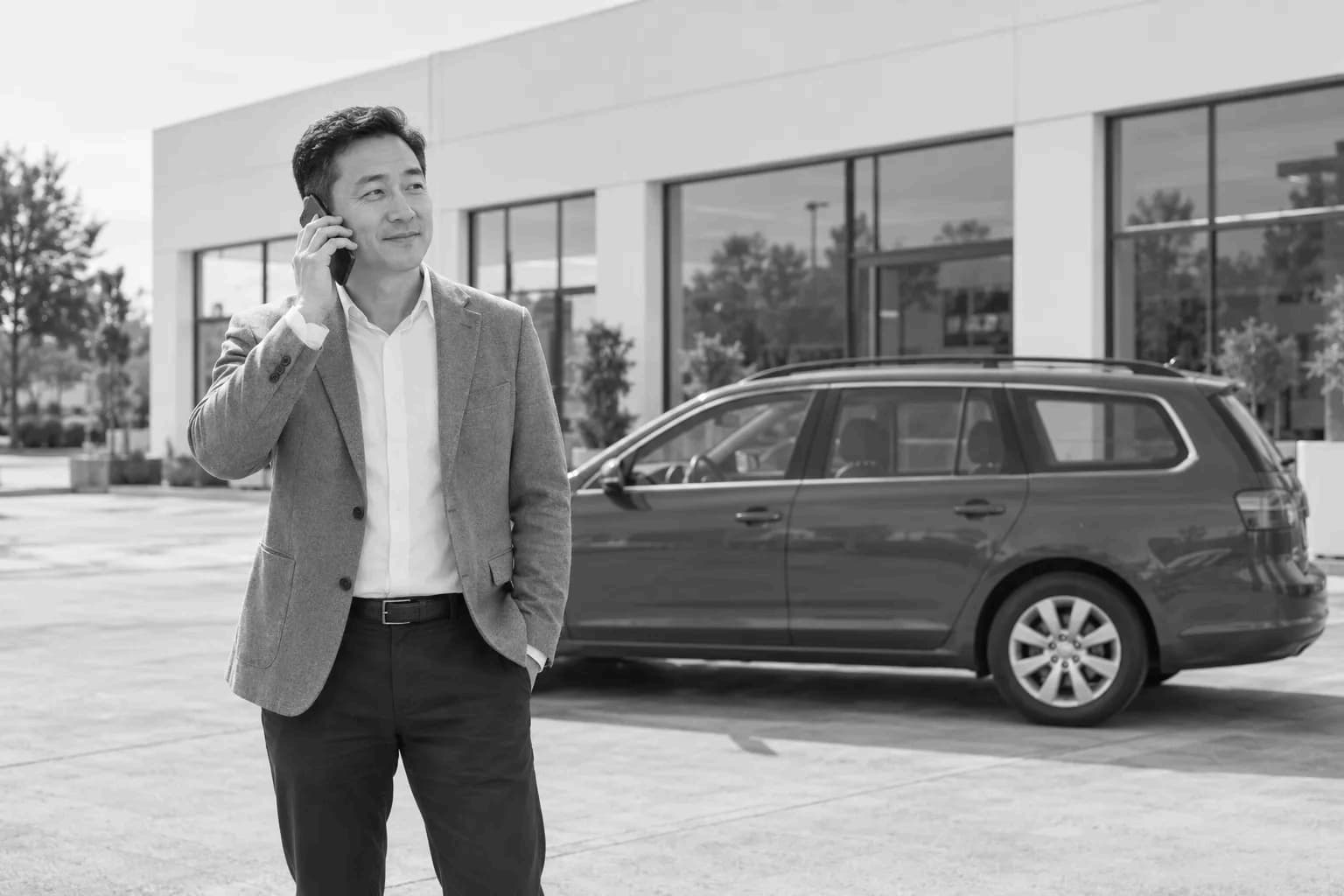 Un agente telefona nel cortile di un’agenzia, con un’auto usata parcheggiata alle sue spalle.