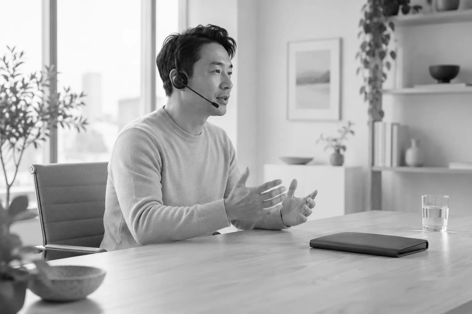 Un hombre con auriculares con micrófono practica una conversación en su escritorio, cerca de una ventana.