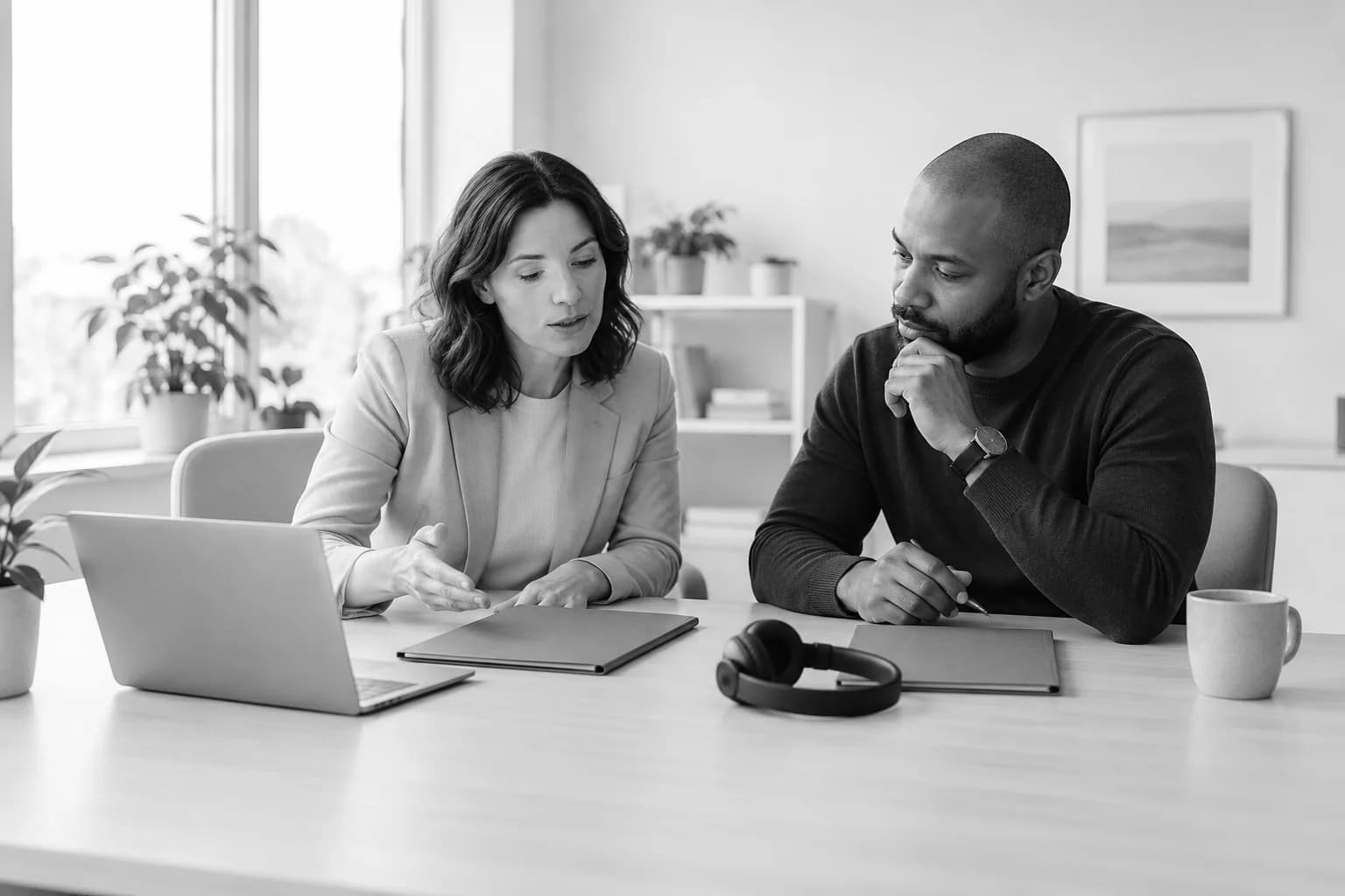 Deux responsables échangent autour de dossiers fermés et d’un casque posé sur une table.