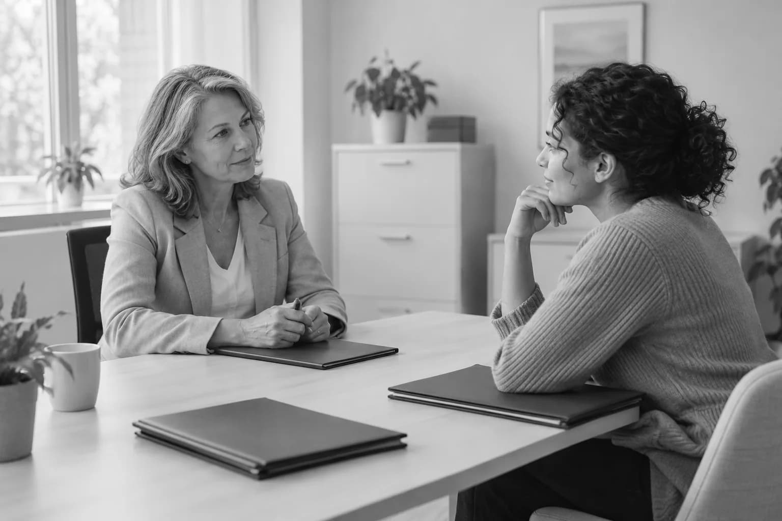 Une conseillère et son interlocuteur échangent devant des dossiers fermés dans un bureau.