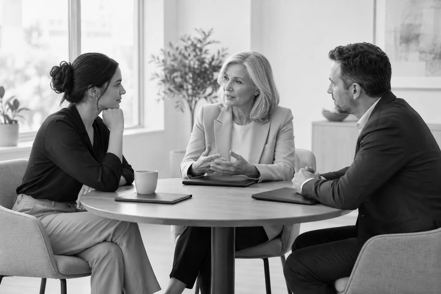 Tre professionisti discutono attorno a un tavolo rotondo con cartelle chiuse.