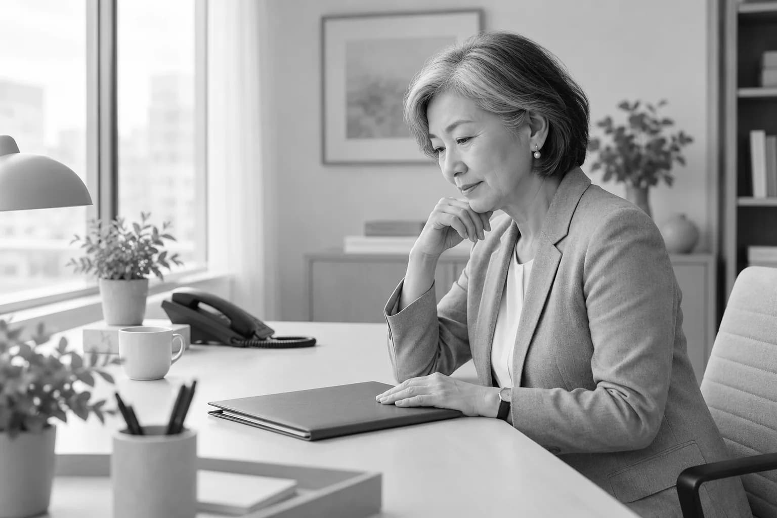 A woman seated at her desk rests one hand on a closed folder near a landline phone.
