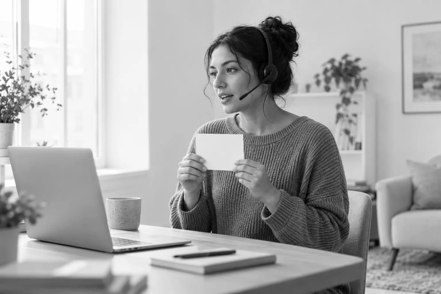 A woman wearing a headset practices a call while holding a small blank card.